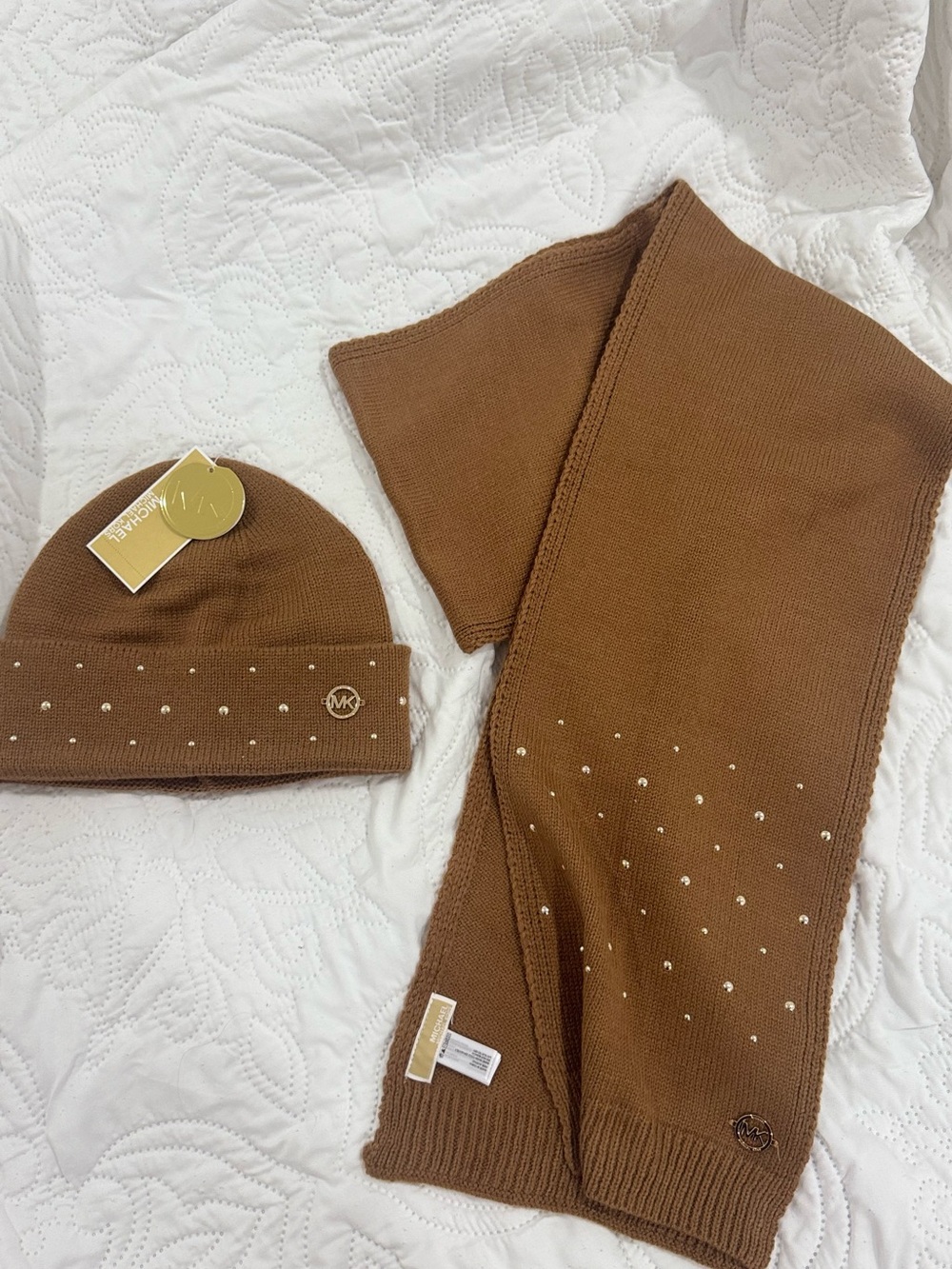 Michael Kors Brown Knit Beanie & Scarf Set with Crystal Accents